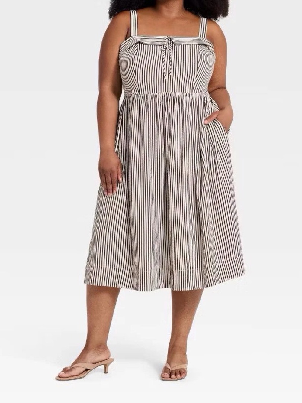 Plus-Size Black & White Striped Midi Sundress with Tie Front